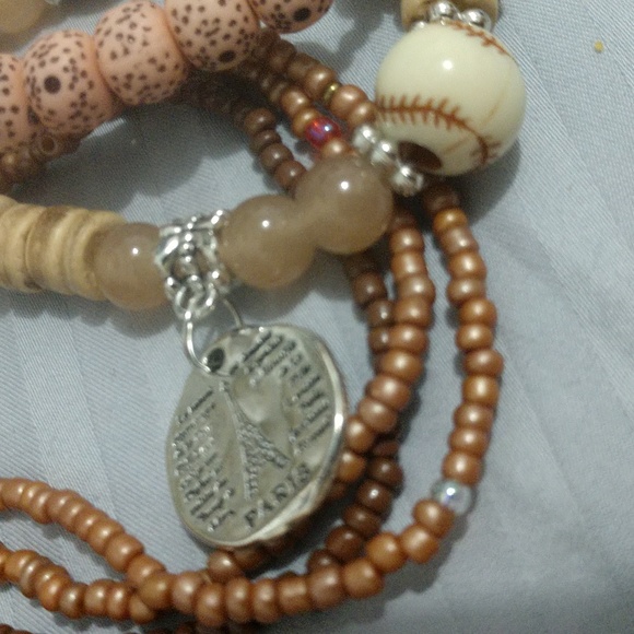 5 pc Stretch Bracelets Boho Wood Beads Versatile Mix & Match Charm Paris Feather - Picture 4 of 14